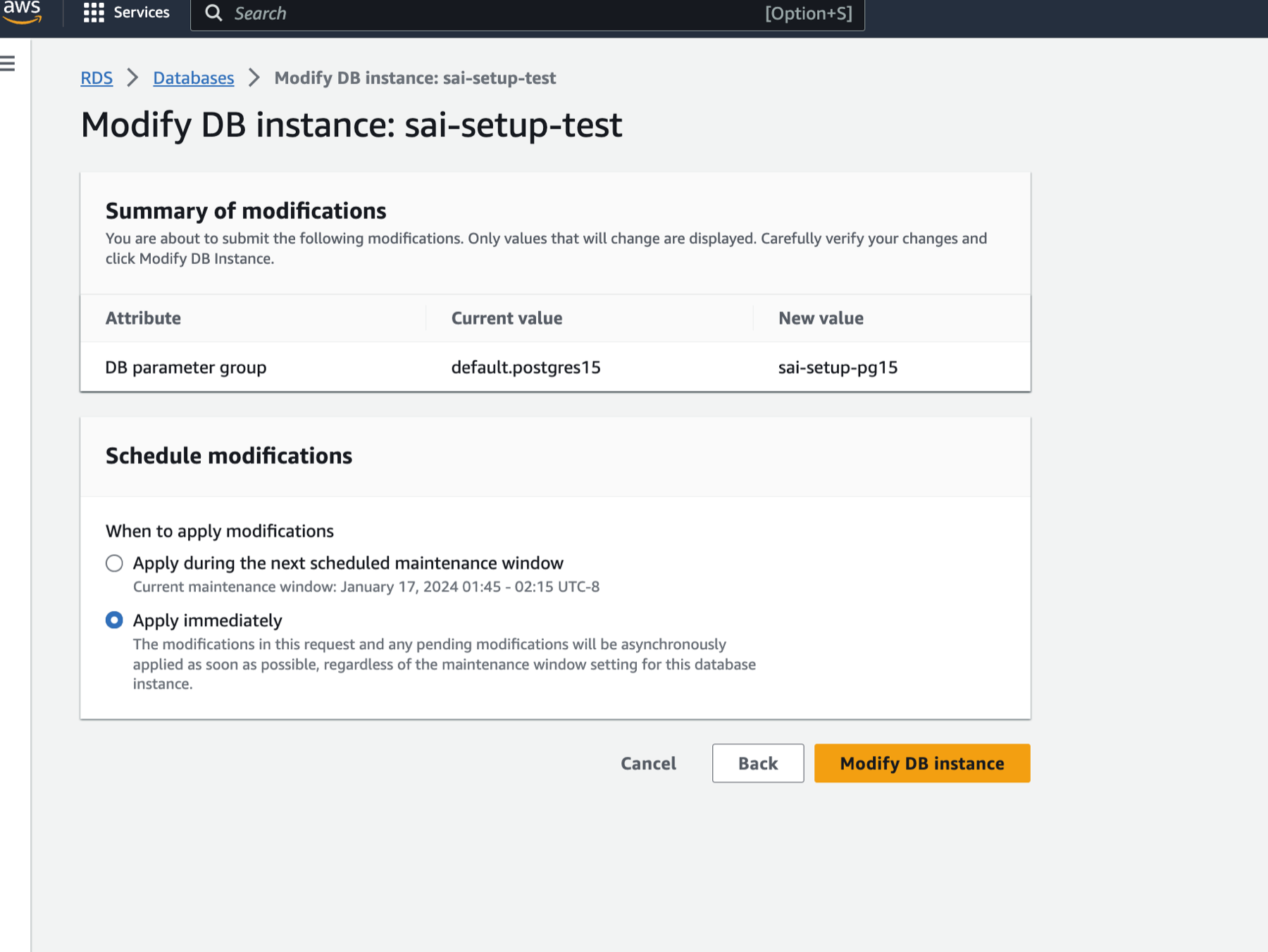 Modifying RDS Postgres with new parameter group